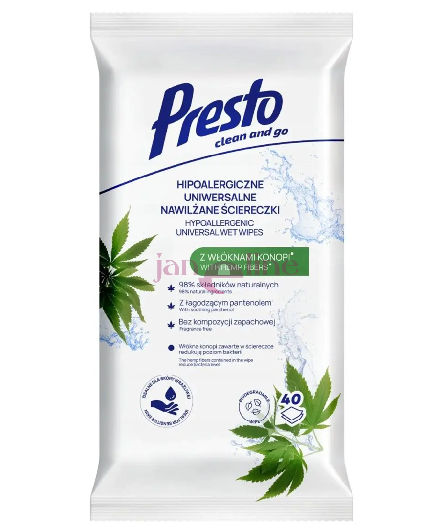 PRESTO CLEAN hypoalergénne univerzálne  vlhčené utierky do domácnosti s konope 40 ks