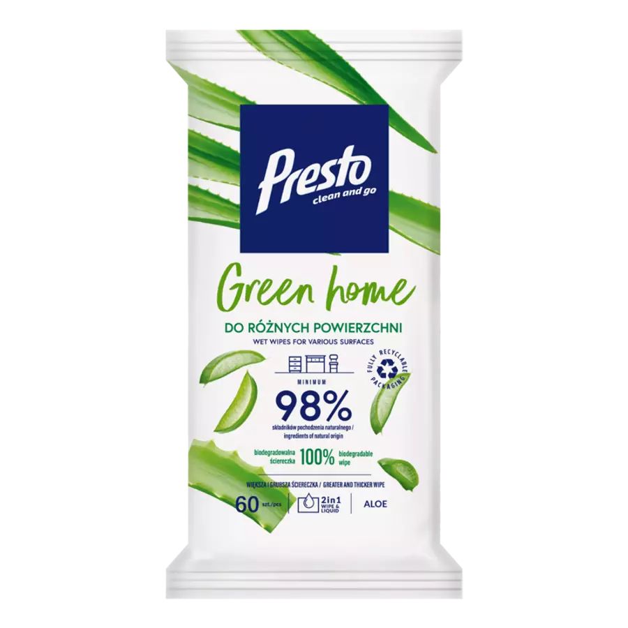 PRESTO CLEAN Green Home vlhčené utierky s aloe - pre rôzne povrchy 60 ks